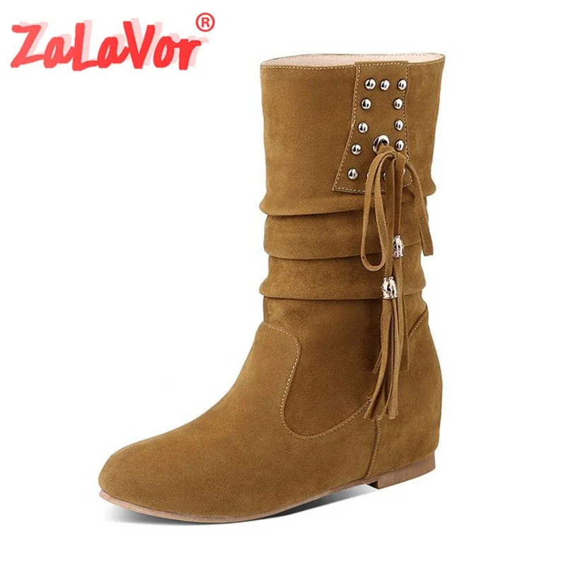 

ZALAVOR Plus Size 30-52 Mid Calf Boots Women Shoes Ethnic Style Tassel Height Increasing Warm Winter Female Straight Boots