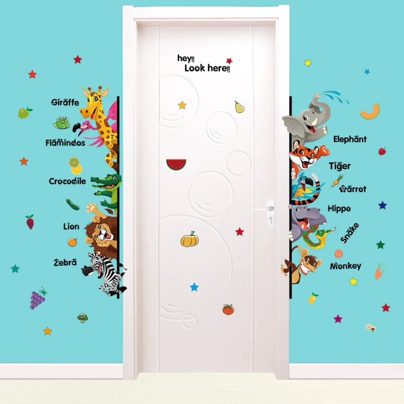 Cartoon Animals English Wall Stickers For Kids Children Room Home Decor Wallpaper Kindergarten Interesting Decoration Art Decals