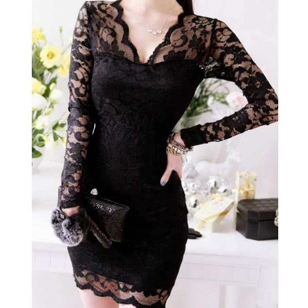 Brand New Women V-neck Sexy Long Sleeve Lace Mini Dress for good sale