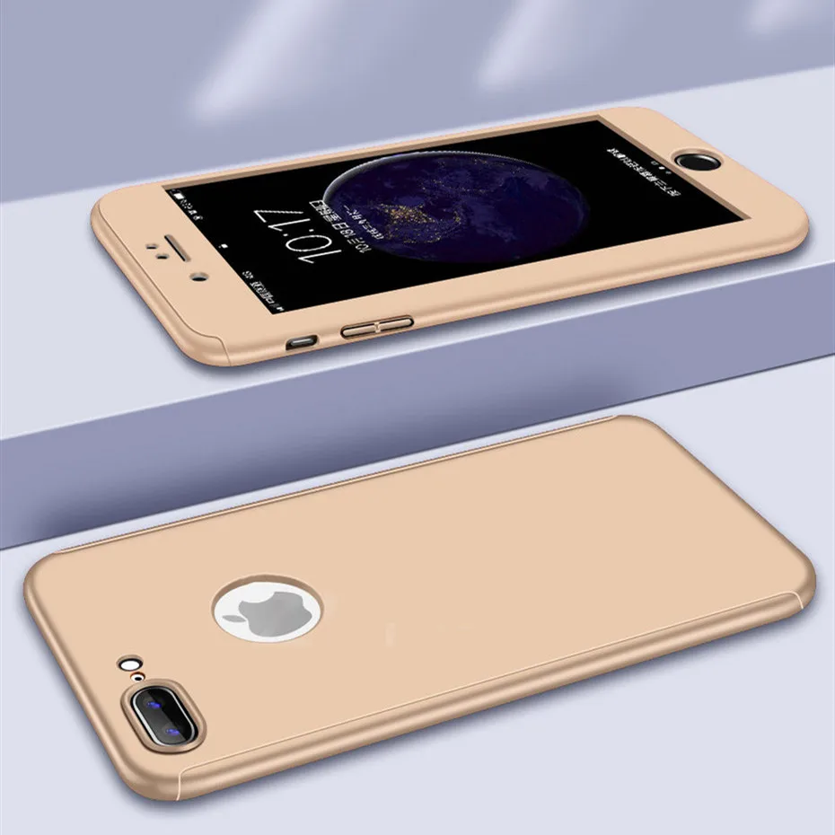360 градусов полный защитный чехол для iphone X 5 5S SE чехол для iphone XR 11 Pro XS Max 6 6S Plus 7 8 Plus Жесткий PC чехол со стеклом - Цвет: Золотой