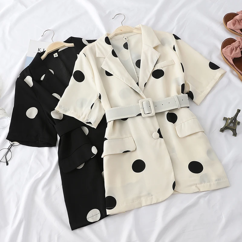

New Summer Elegant Polka Dot Blazers Women Slim Office Lady Sashes Blazer Vintage All-Match Half Sleeve Loose Coats Female Mw677
