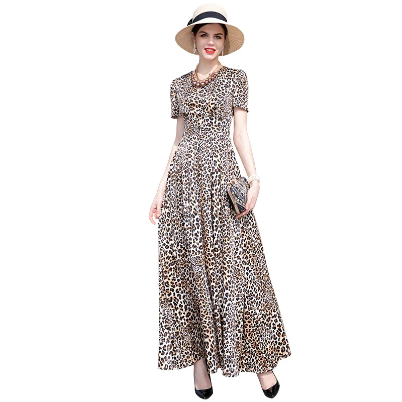 

Sexy Trench V Neck Dress Leopard Print Short Sleeve Long Dress Women Plus Size Party Maxi Ankle-Length Dress DZ2093