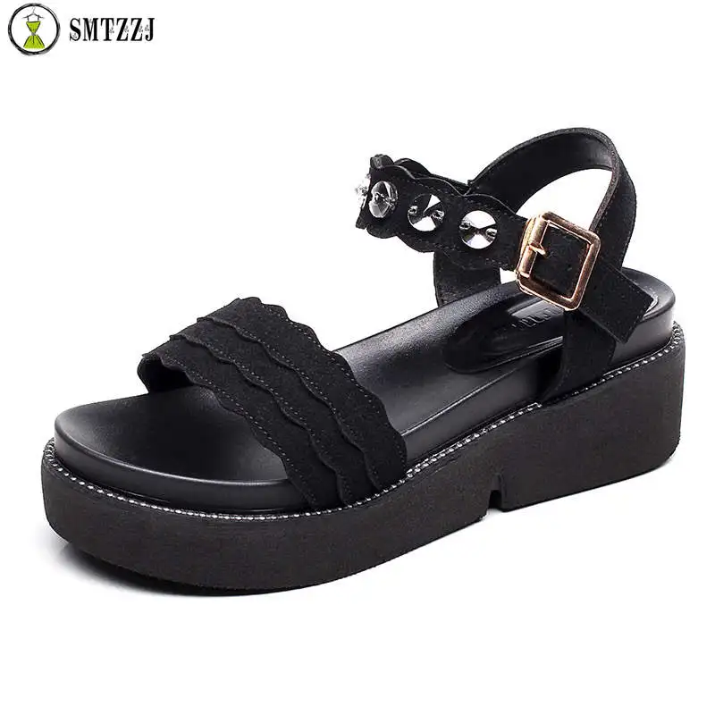

SMTZZJ Cheap Fashion Women Platform Shoes Summer Soft Comfort Sandals For Ladies 2019 Rivet Black Green Flats Sandal Peep Toe