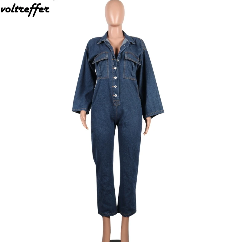 Denim Rompers Womens Jumpsuit Flare Sleeve Button Jeans Hip Hop Streetwear Casual Loose Overalls 2018 Fall Korean Sexy Pockets