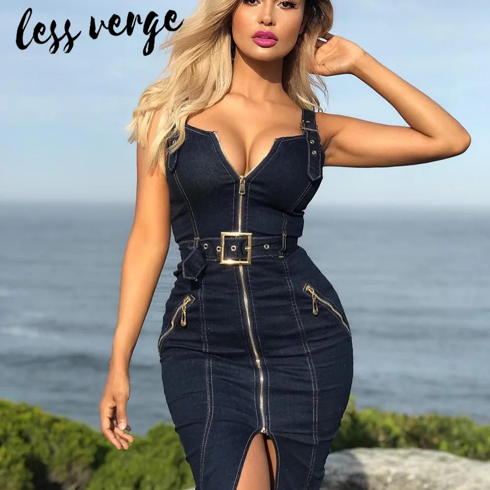 lessverge Backless bodycon denim midi dress women summer Zipper belt split party dress Sexy v neck strap jeans dresses vestidos