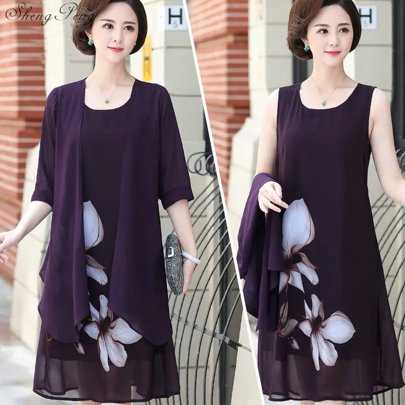 

Mid old aged women summer dress women two piece set 2018 floral print loose o-neck elegant ladies dresses V695