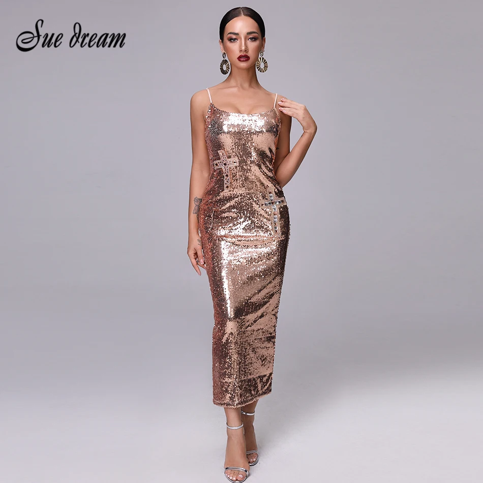 Summer Gold Women Dress Vestidos 2018 Backless Spaghetti Strap Sequined