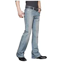 Для мужчин's джинсы деловые, Casual мужские со средней талией, эластичные тонкие загрузки вырезать полу-клеш Four Seasons светильник синий расклешенных джинсов 27-38