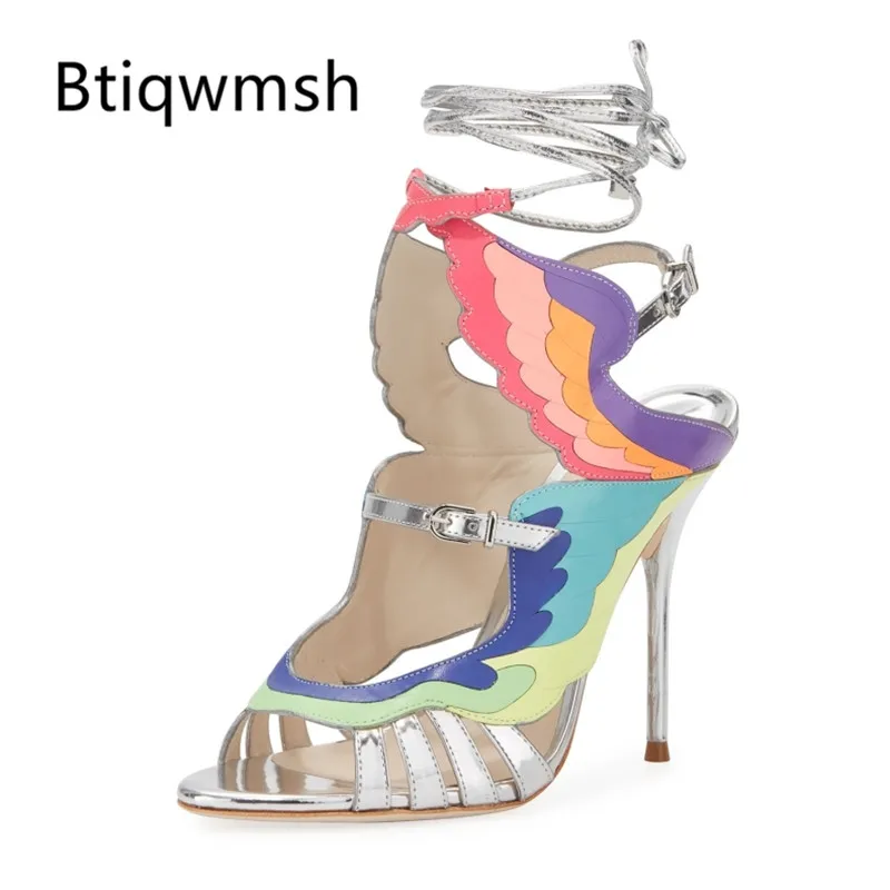 

2019 Rainbow Wings Sandals Women Peep Toe Butterfly High Heel Shoes Woman Sexy Silver Leather Wedding Shoes