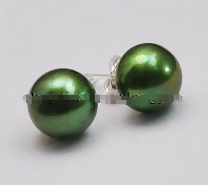 

Big 11-12mm Green Akoya Pearl Silver Stud Earrings,AAA+