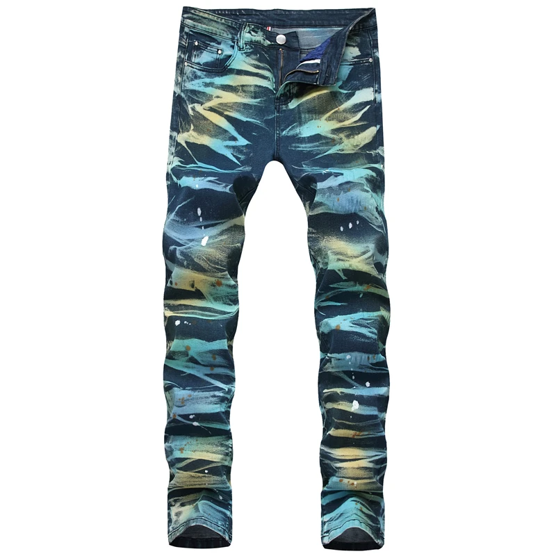 

2019 New Fashion Men's Hip Hop Printed Jean Pants Washed Slim Fit Painted Denim Trousers For Man Straight Size Dropshipping