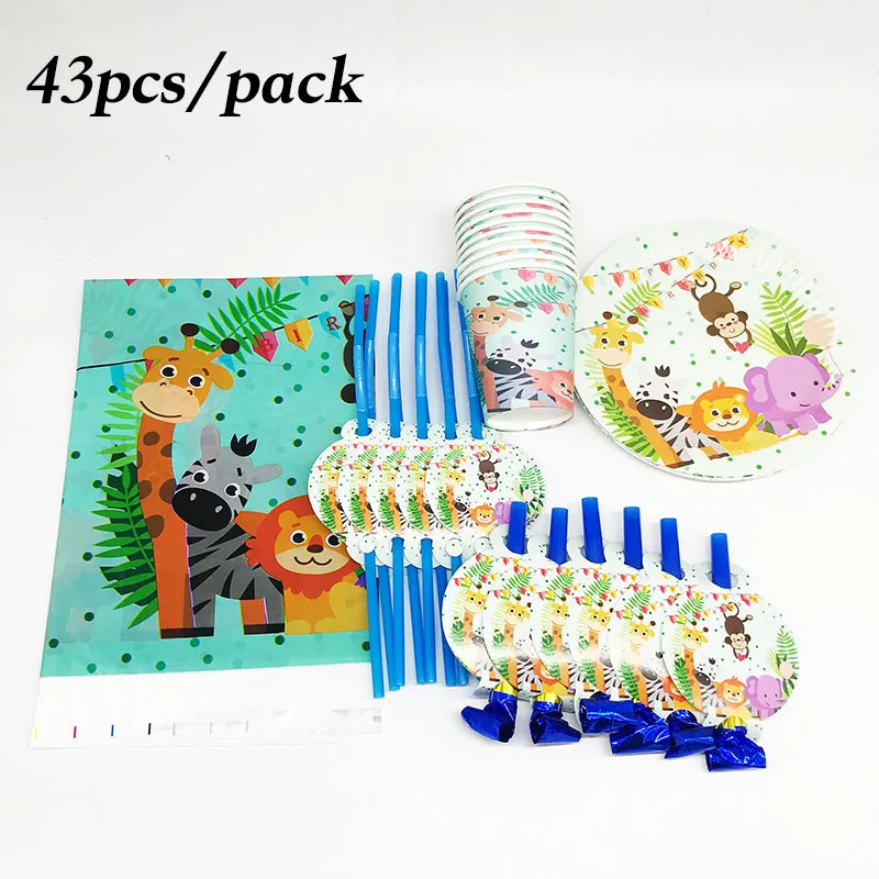 43pcs Safari disposable tableware sets Adventure theme paper cups napkins plates birthday party decorations | Дом и сад