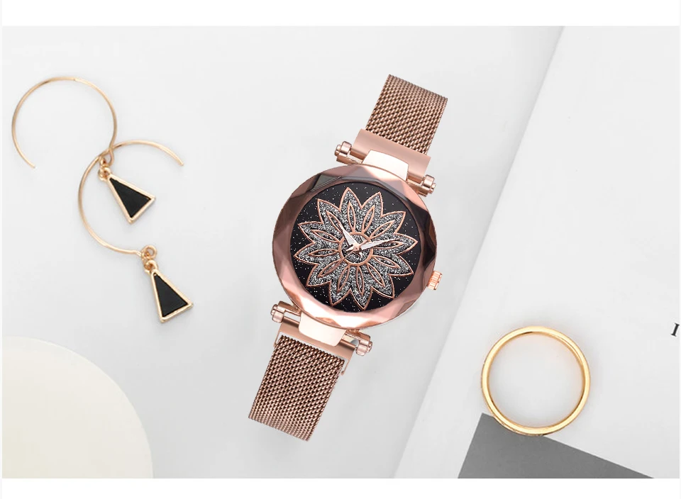 Роскошные розовые Золотые женские сетчатые часы с магнитной пряжкой, модные элегантные женские наручные часы с цветами, женские магнитные часы