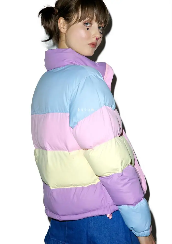 amazing  Harajuku Rainbow Jackets with Removable Hat for Women All-match Thick Clothing Loose Rainbow Splici