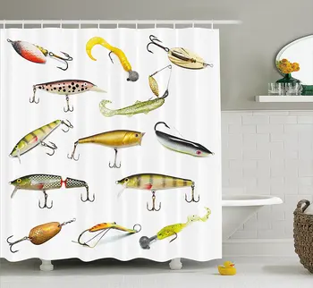 

Fishing Decor Shower Curtain Fathers Day Idea Fishing Tackle Bait for Spearing Trapping Catching Aquatic Animals