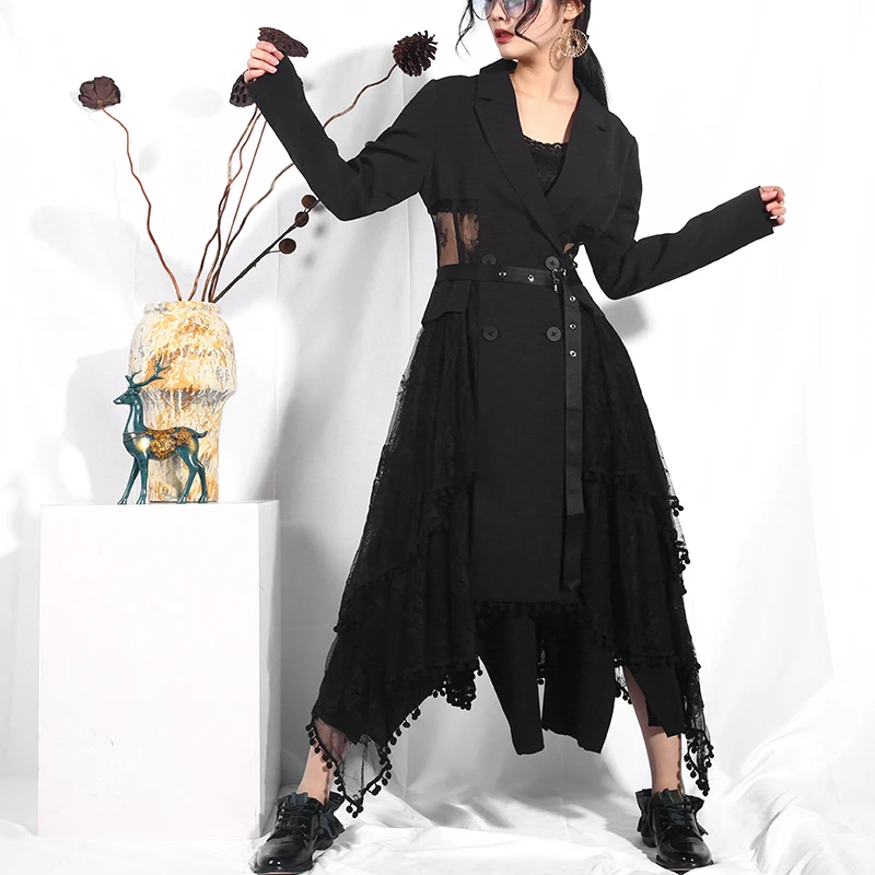 

LANMREM 2019 New Spring Woman Irregular Lapel Belt Black Lace Split Joint Windbreaker Female Trench Fashion Tide Overcoat JO569
