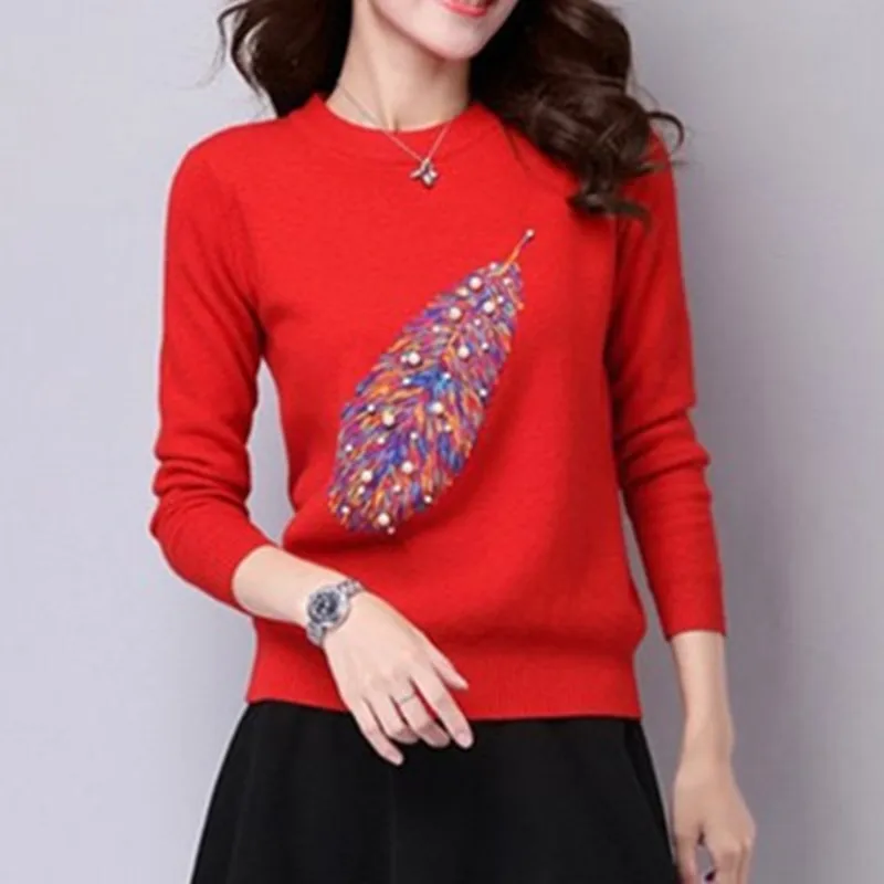 Осень зима женские свитера и пуловеры трикотажные аппликации вышивка бисером О образным вырезом Джемперы женские наряды черный белый - Цвет: Красный