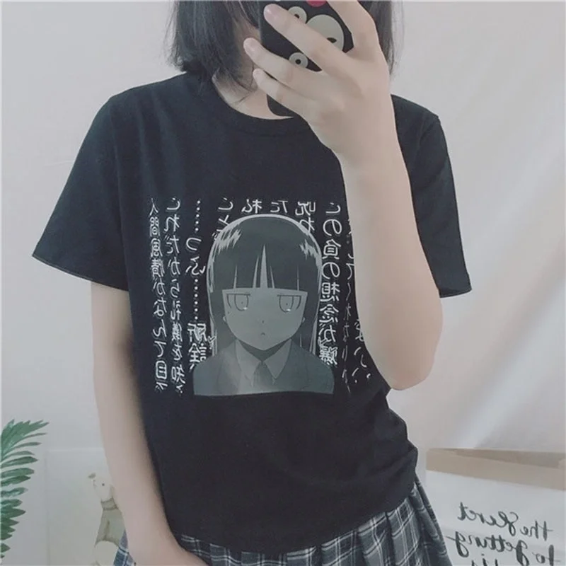 

Fashionshow-JF The Toxic Mask Girl Print Short Sleeve Women Tees Shirt Dark Girl Vintage Pure Cotton Japanese Summer T Shirt