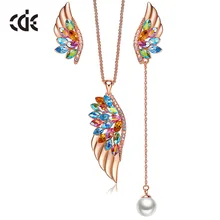 CDE Women Gold Jewelry Set Embellished with crystals Colorful Peacock Necklace Earrings Jewelry Set Angel Wings