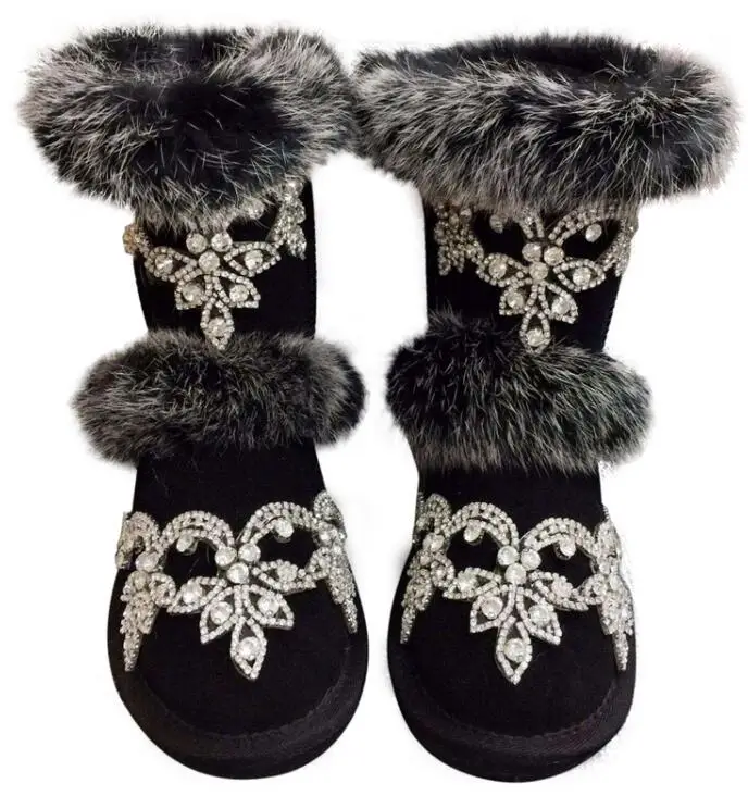 

New winter manual heavy work super beautiful lace rhinestones real rabbit fur grass black tube female snow boots