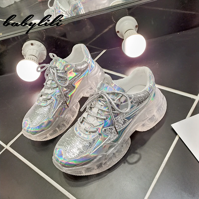 

Women Sneakers New 2019 Silver Fashion Casual Breathable Shoes Dazzing Sequins Cloth Crystal Bottom Tenis Feminino Breathable