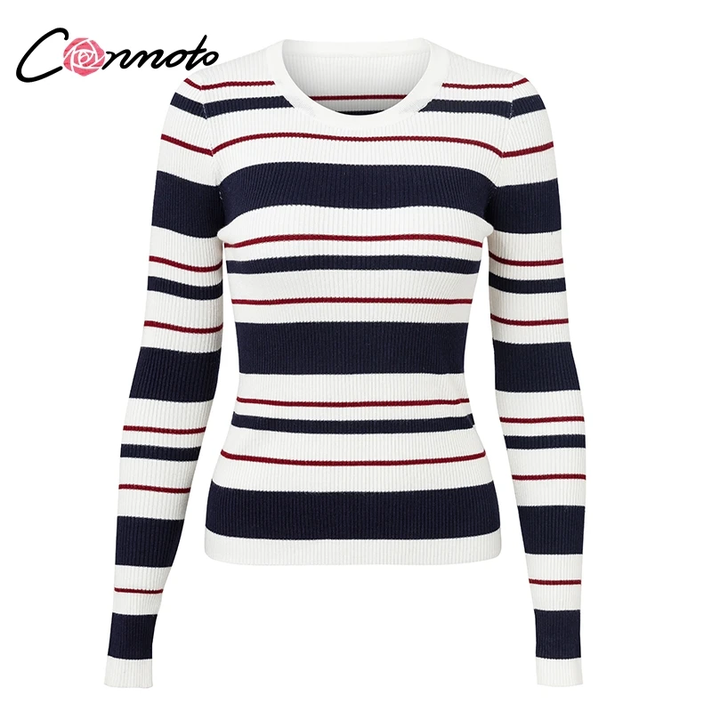 Conmoto Повседневный базовый свитер, вязаный свитер с круглым воротником, элегантный пуловер в полоску, ребристый джемпер, осень-зима - Цвет: Navy Blue Striped