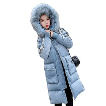 

Velvet Sequins Big Fur Collar Long Loose Casual Cotton Padded Jacket Plus Size European 2020 Thick Down Cotton Coat Female AA436
