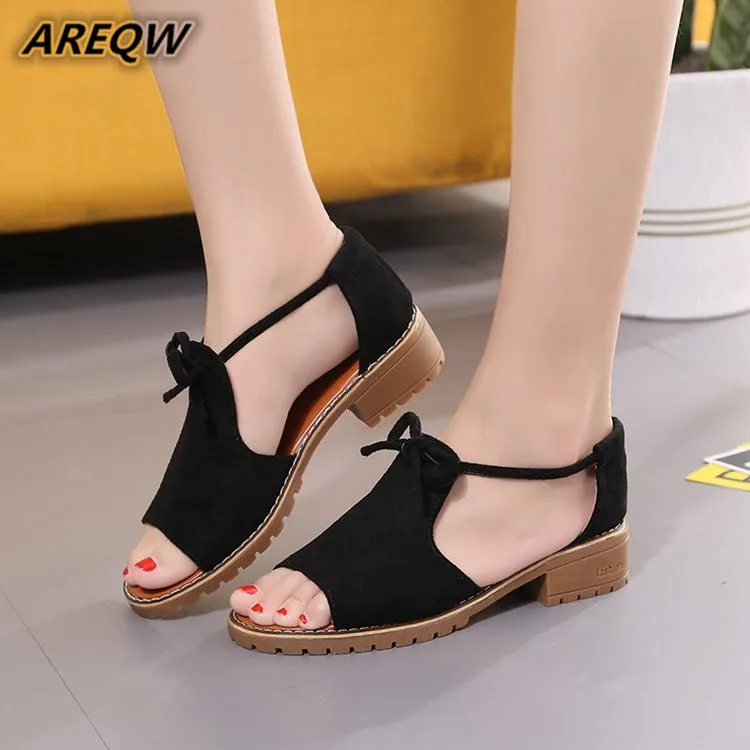 

High Quality Suede Comfortable Breathable Women Sandals Fashion Cross Straps 3.5CM Thick Heel Shoes Woman Fish Mouth Sandals