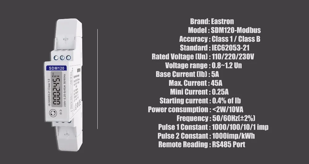 SDM120-Modbus,1 phase 2 wire, 0.25~5(45)A , 230V, RS485 Modbus, kwh,kvarh,U,I,P,Q,PF,Hz,dmd Measurement, DIN rail energy meter uv meter
