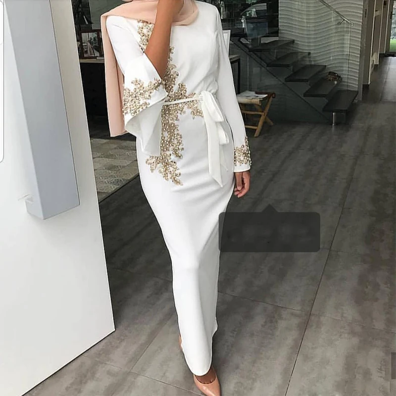 

Elegant White Mermaid Ankle Length Muslim Evening Dresses High Neck Bell Half Sleeve Prom Gown Sashes Bead Evening Party Gowns
