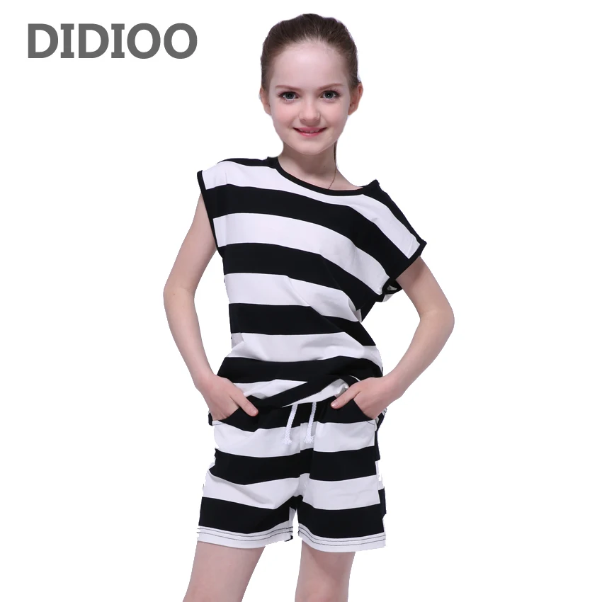 

School Girls Clothing Sets Summer Striped Kids Outfits Cotton Casual T-Shirts & Shorts 2Pcs Leisure Children Tracksuits 2-12Y