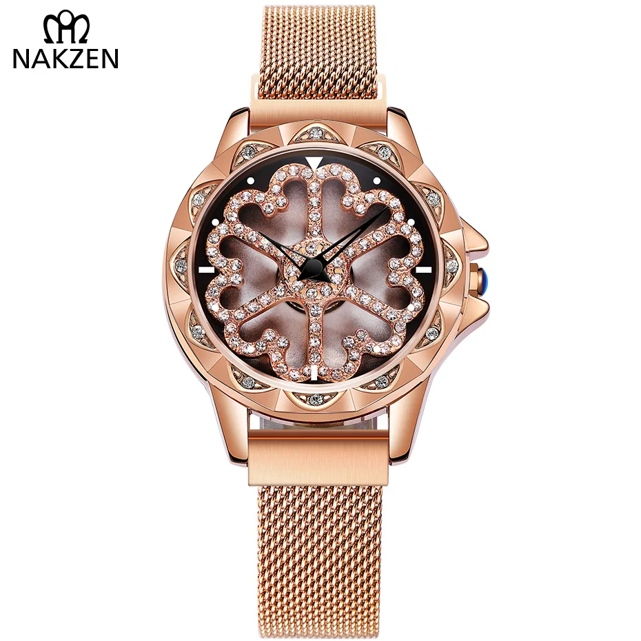 Fashion Women Watch Luxury Ladies Mesh Band Quartz New Design Rotating Dial Wrist Watches Relojes Mujer 2019 NAKZEN Female Clock