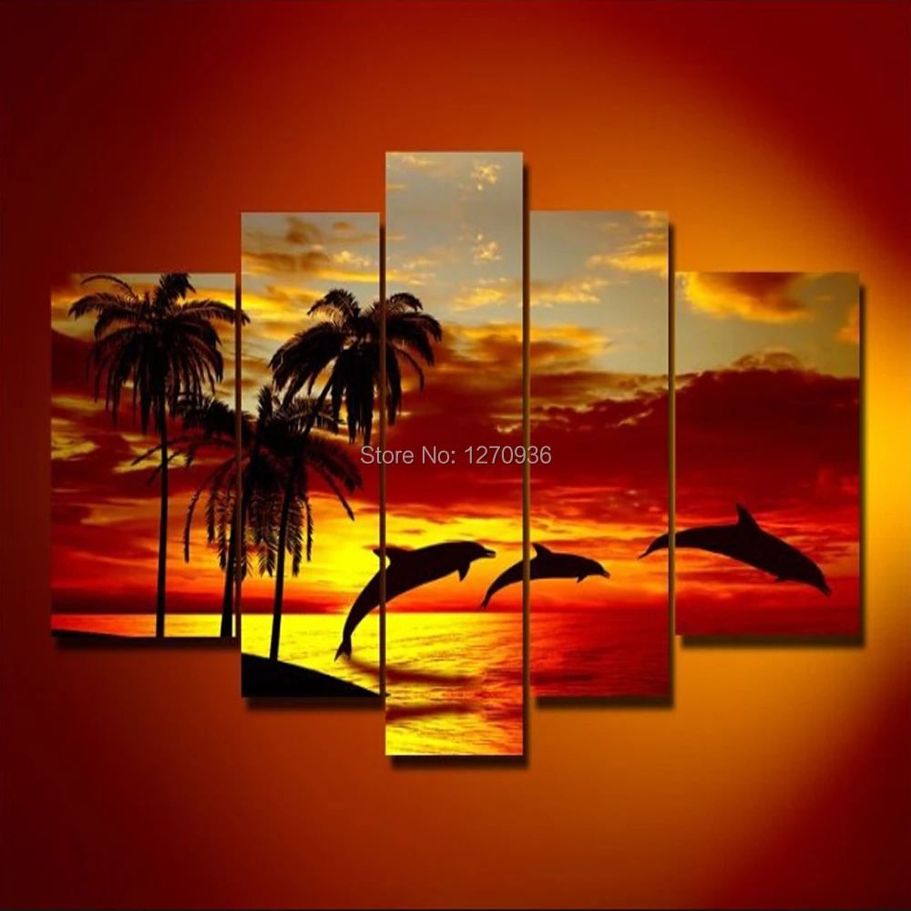 

Free Shipping Hand Painted Modern Beautiful Dusk Scenery Dolphin Jumping in the Sea Sunset Fine Wall Art Oil Painting on Canvas