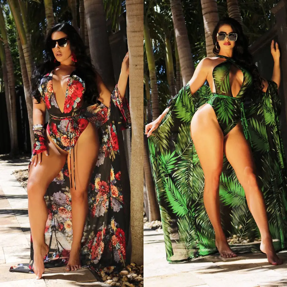

2021 Sexy Women Floral Bikini Beachwear Cover Up Beach Dress Summer Bathing Suit Tops