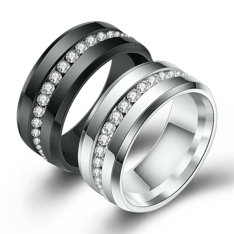 

LETAPI 2019 New Black and Silver Color Titanium Stainless Steel One Row CZ Stone Wedding Engagement Rings for Woman Men