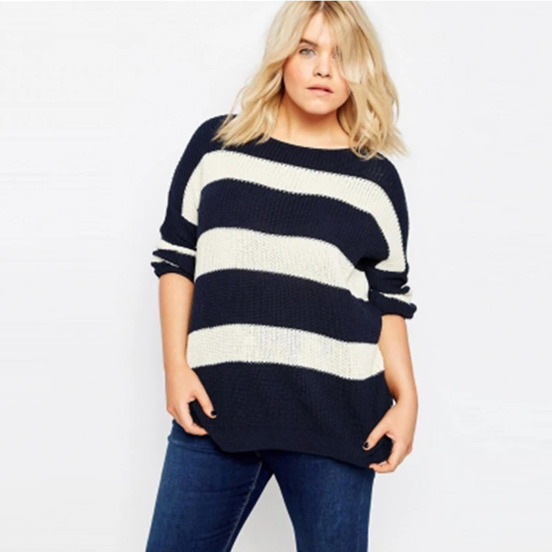 2017 Winter Plus Size Stripe Women Sweater Basic Oversize Chunky Knit Sweaters Simple Pullover 