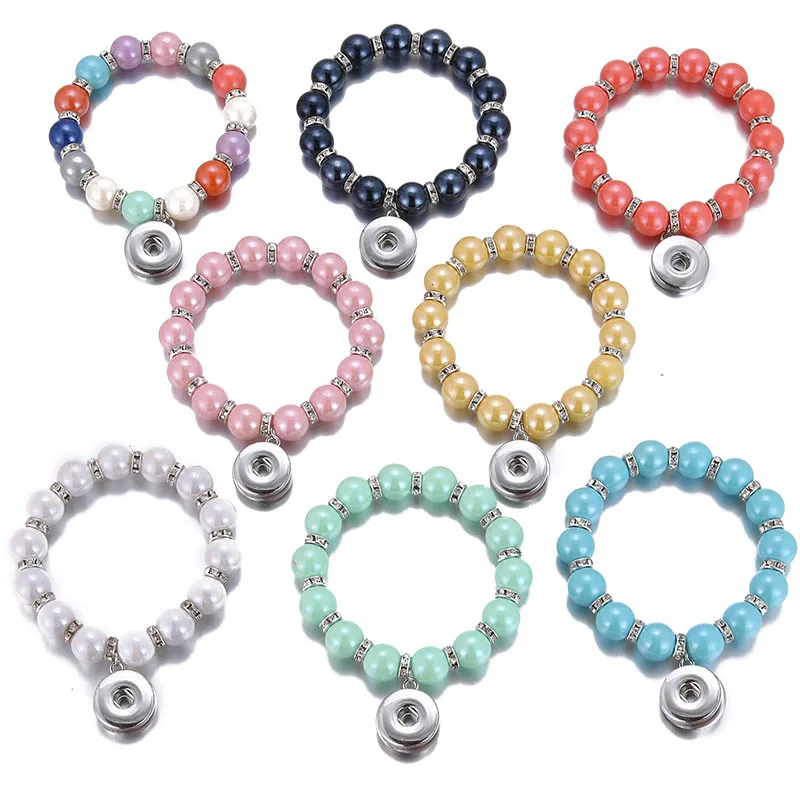 

New fashion Beauty Round Pure Color beads elastic Crystal snap bracelets bangle for 18mm snap buttons Gift AB0077