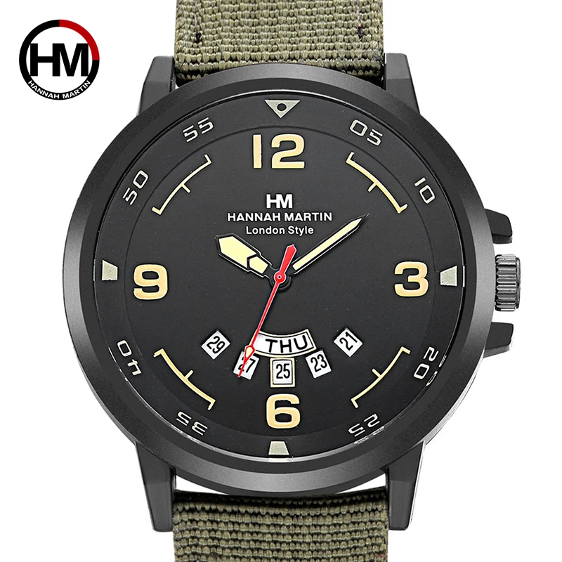 

Hannah Martin Luxury Brand Men Watches Army Military Sports Watch Leather Week Date Display reloj hombre relogio masculino
