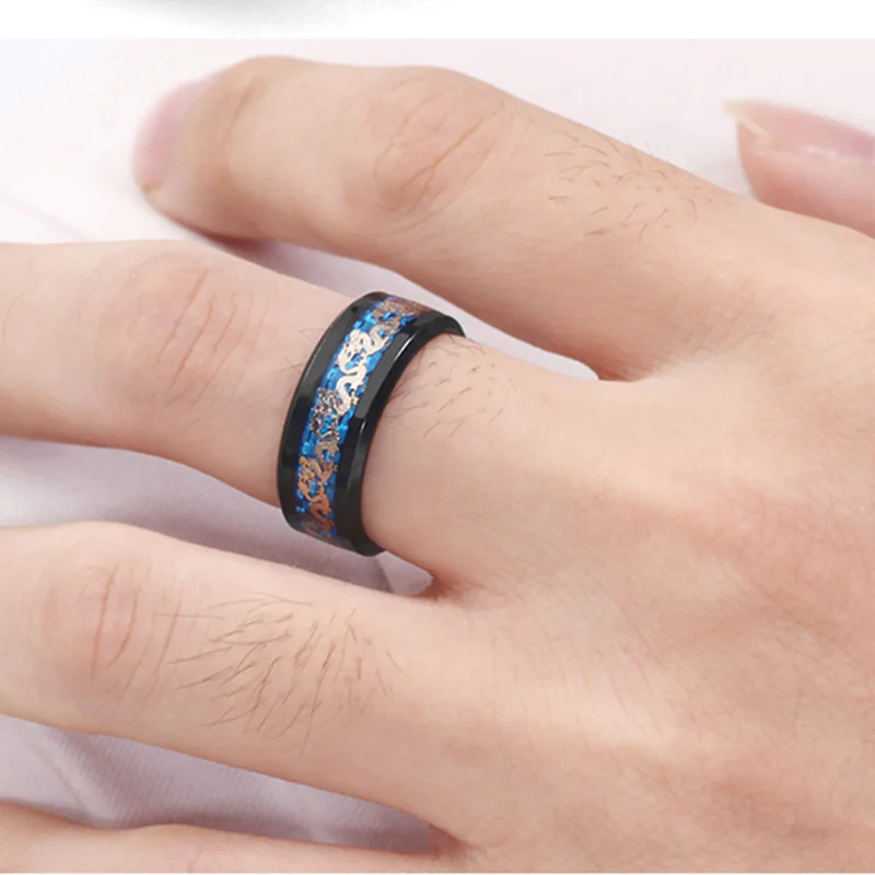 ELSEMODE титановая сталь синий черный мощный дракон углеродное волокно мужские крутые обручальные кольца-Амулеты Anel Masculino ювелирные изделия подарок