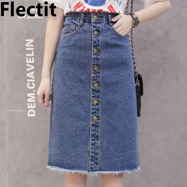 US $12.59 Flectit 2019 Button Front Midi Denim Skirt for Women Casual High Waist Fray Hem with Pocket Knee Le