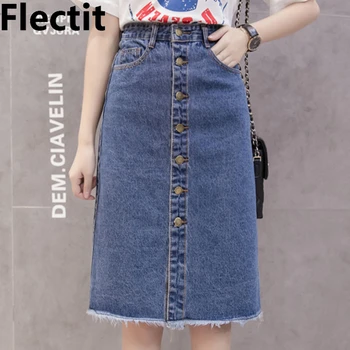 

Flectit 2019 Button Front Midi Denim Skirt for Women Casual High Waist Fray Hem with Pocket Knee Length Jeans Skirt Female *