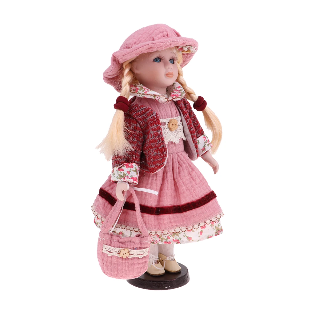 30cm Lovely Porcelain Girl Doll with Clothes Pink & Stand Home Display Decor Gift Porcelain Baby Figurines Dolls Collectible