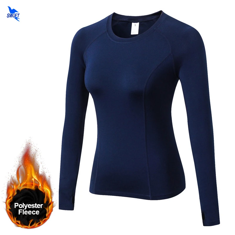 Fleece Lined Winter Women's O Neck Thermal Compression Shirt Elastic