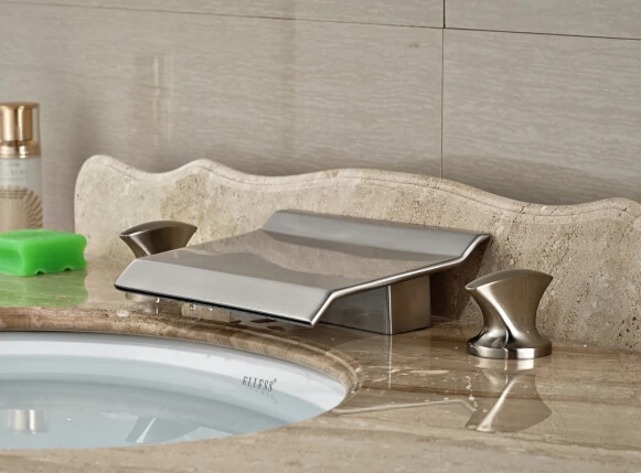 

Modern Nickel Brushed Bathroom 2 Handles Deck Mounted Waterfall Basin Faucet Sink Mixer Tap