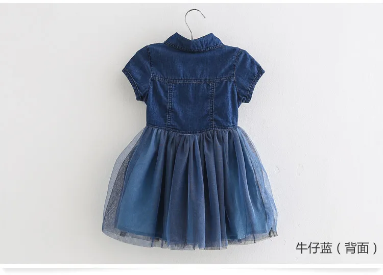 2018 Summer 2-4 6 8 10 Years Little Kids Cute Short Sleeve Turn-down Collar Bow Patchwork Lace Denim Dress For Girls 10 Year Old (8)