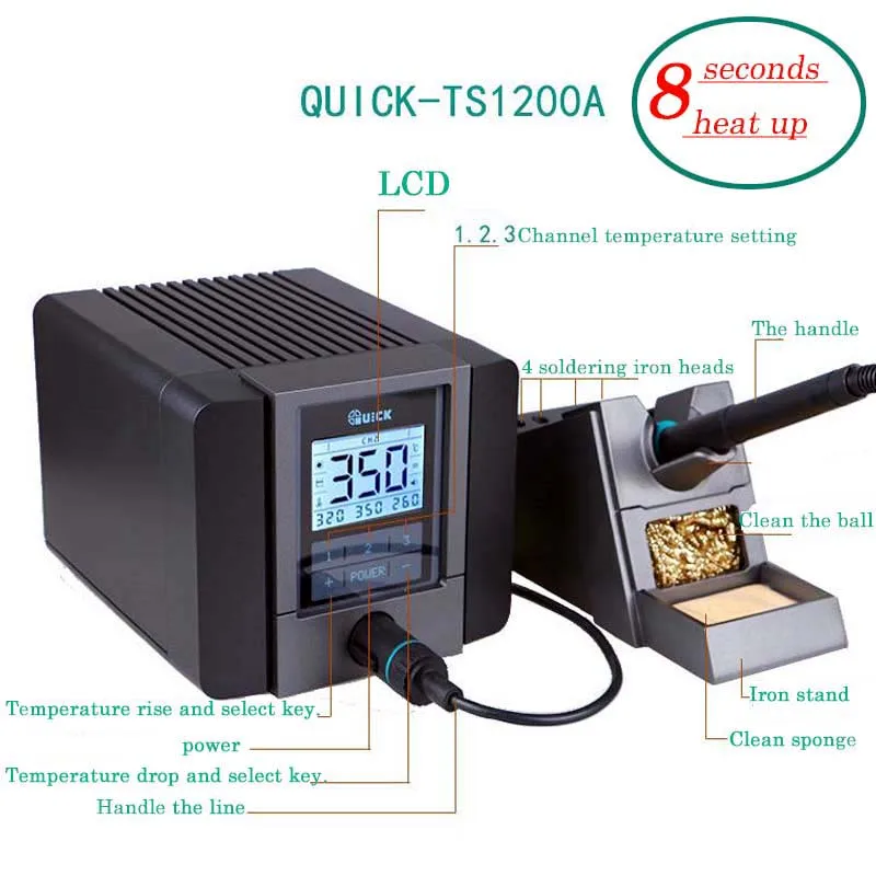 

QUICK TS1200A intelligent lead-free iron Soldering Station Original ESD LED Display Rework Desoldering Station Repair 8 second