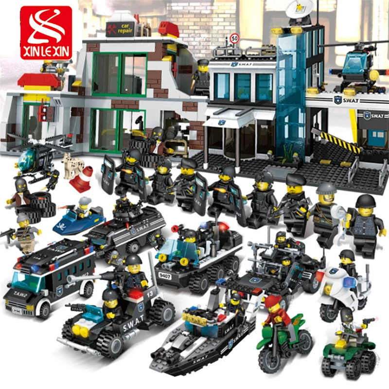 

xinlexin City Police Station Assembly Blocks Sets SWAT Armored Vehicles Bricks boys Building Blocks Christmas gift for Child
