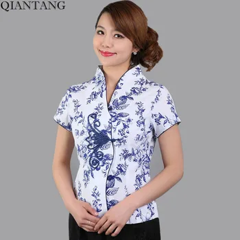 

New Arrival Blue Vintage Chinese Women's Cotton V-Neck Shirt Top Short Sleeves Flower Size S M L XL XXL XXXL Mny-000B