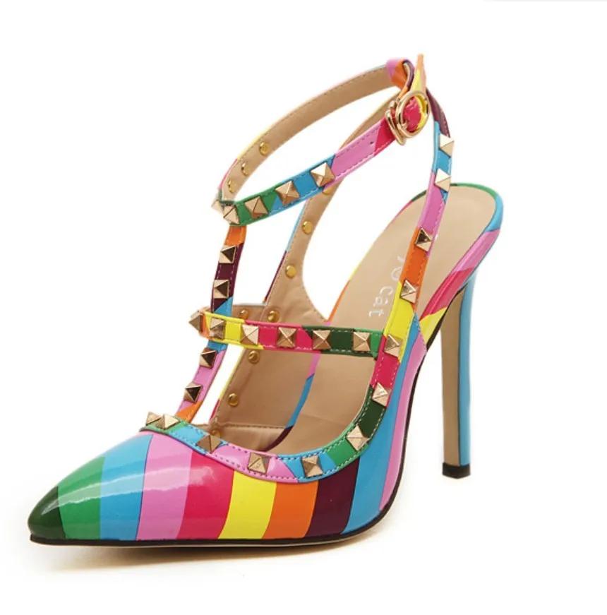 

Big Plus Size 35-41 Woman Stripped Multi Color Strappy Sandals Rivets Slingback Ankle Wrap Pumps High Heel Women Wedding Shoes