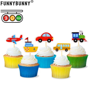 

FUNNYBUNNY Transportation Cupcake Toppers Car Bus Train Plane Ship DIY Cupcake Toppers for Baby Shower Birthday Party Decor